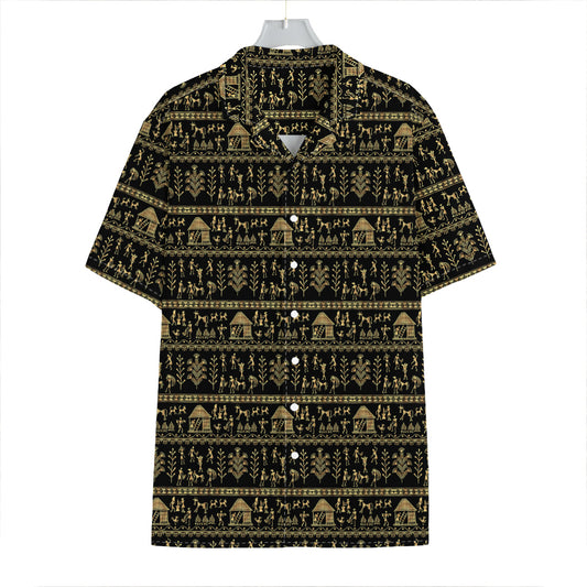 Black And Gold Warli Pattern Print Hawaiian Shirt
