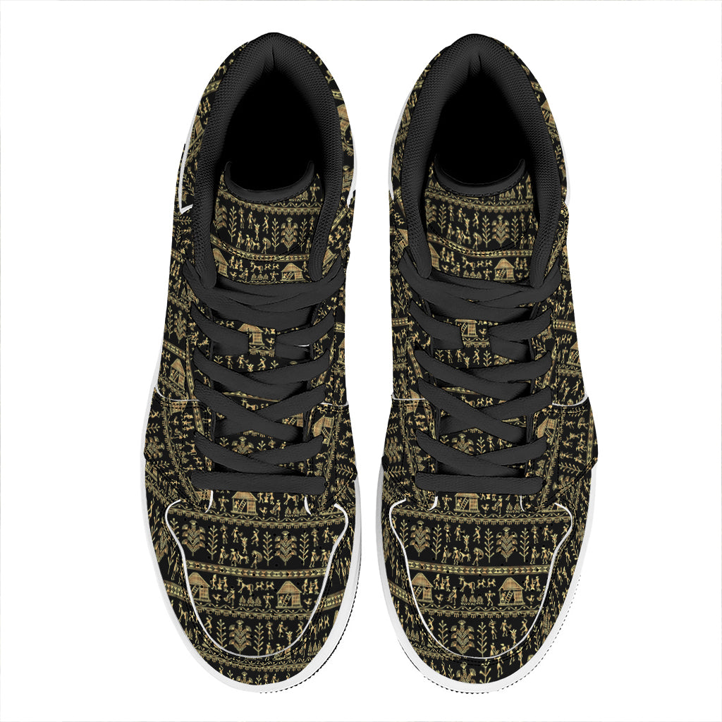Black And Gold Warli Pattern Print High Top Leather Sneakers