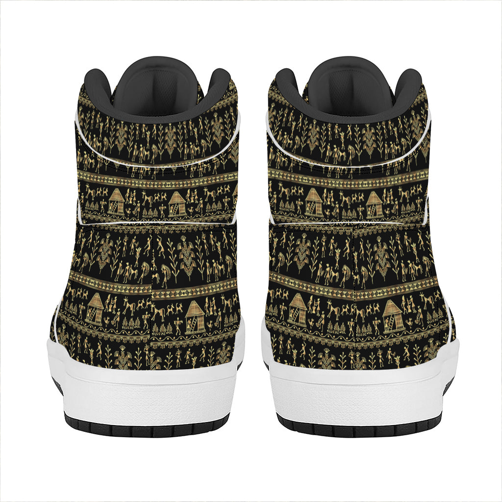 Black And Gold Warli Pattern Print High Top Leather Sneakers