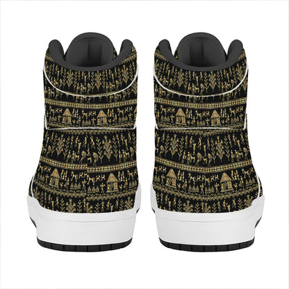 Black And Gold Warli Pattern Print High Top Leather Sneakers