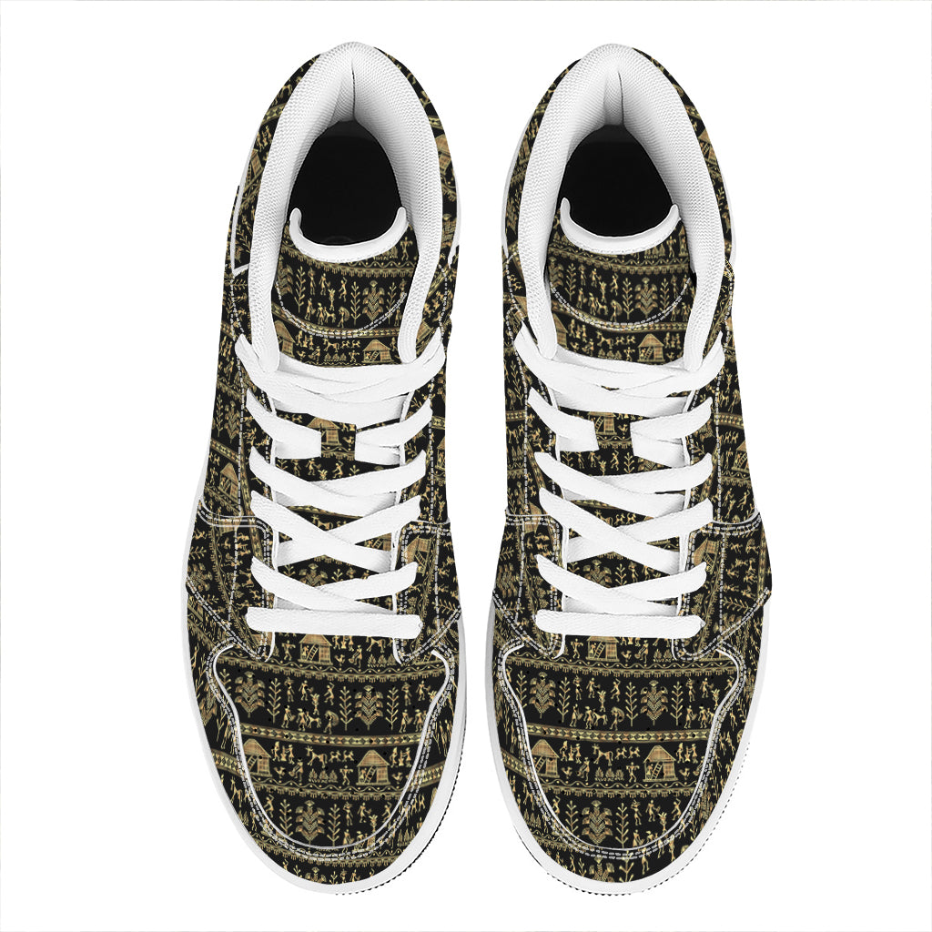 Black And Gold Warli Pattern Print High Top Leather Sneakers
