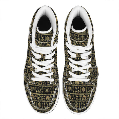 Black And Gold Warli Pattern Print High Top Leather Sneakers