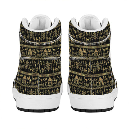 Black And Gold Warli Pattern Print High Top Leather Sneakers