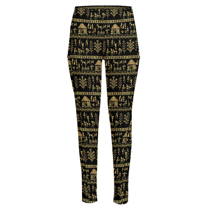 Black And Gold Warli Pattern Print High-Waisted Pocket Leggings