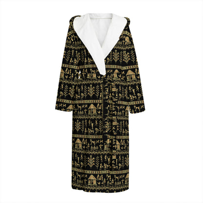 Black And Gold Warli Pattern Print Hooded Bathrobe