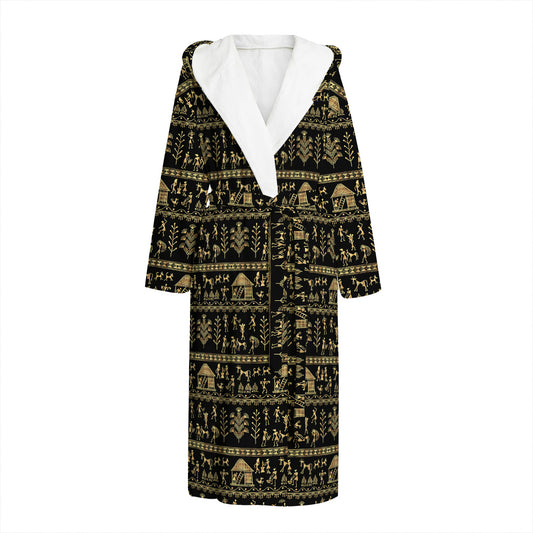 Black And Gold Warli Pattern Print Hooded Bathrobe