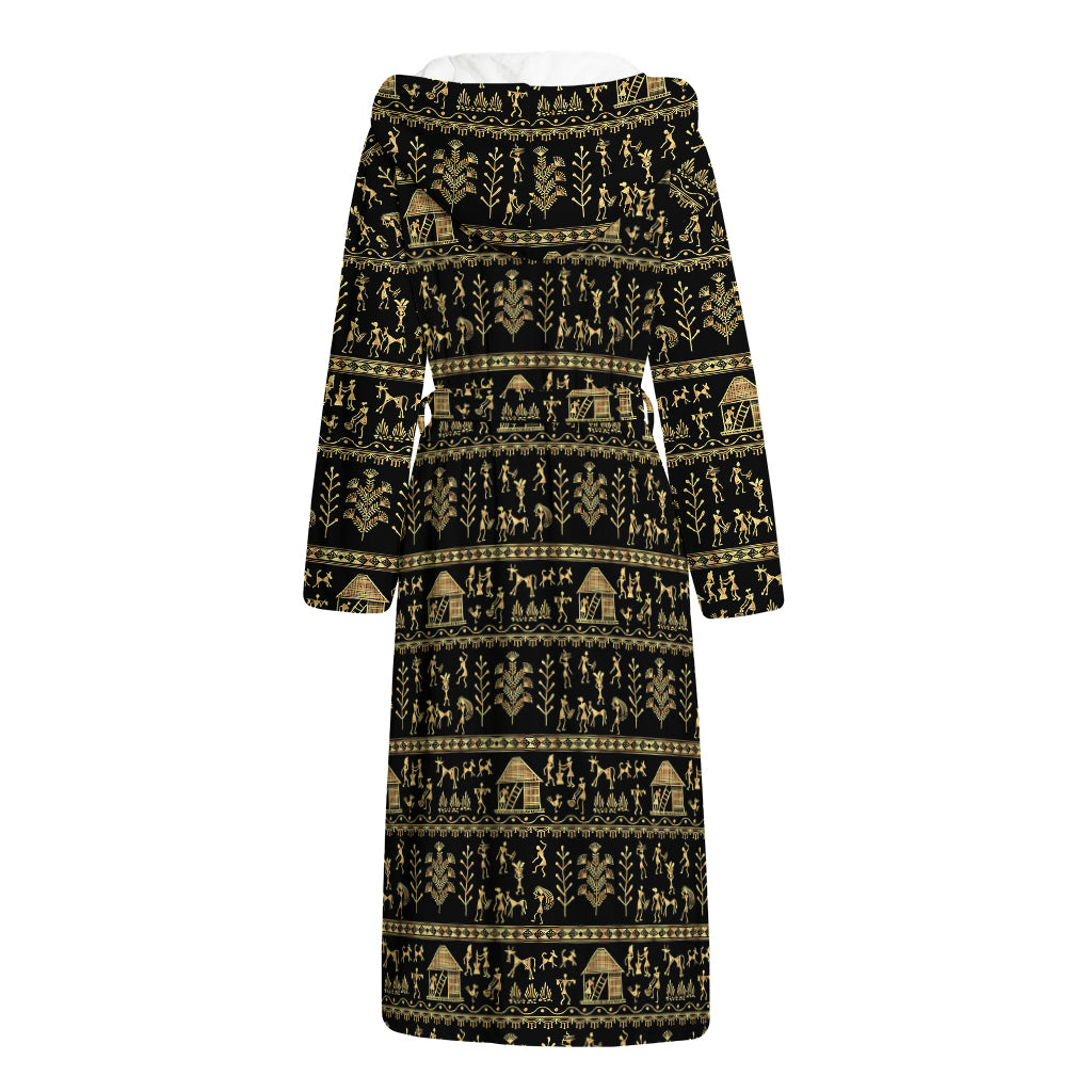 Black And Gold Warli Pattern Print Hooded Bathrobe