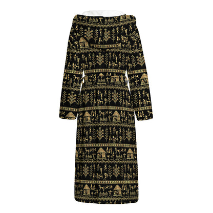 Black And Gold Warli Pattern Print Hooded Bathrobe