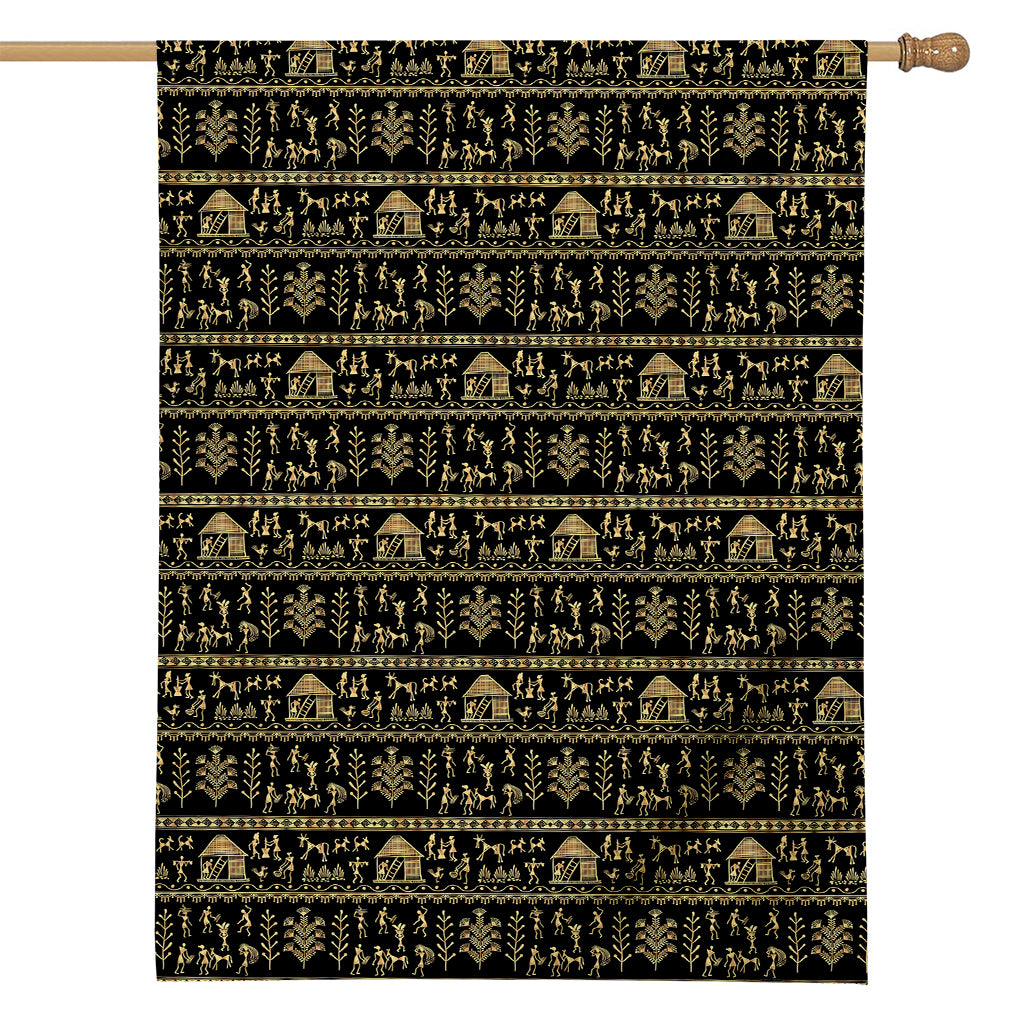 Black And Gold Warli Pattern Print House Flag