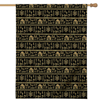 Black And Gold Warli Pattern Print House Flag