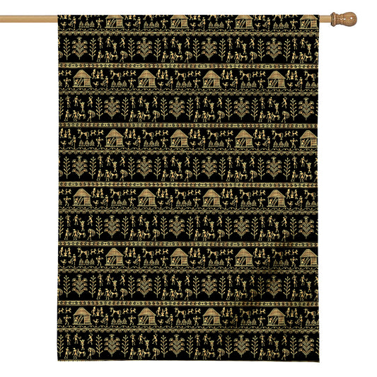 Black And Gold Warli Pattern Print House Flag