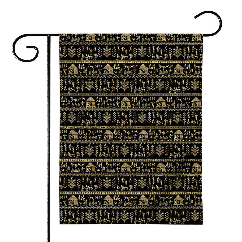 Black And Gold Warli Pattern Print House Flag