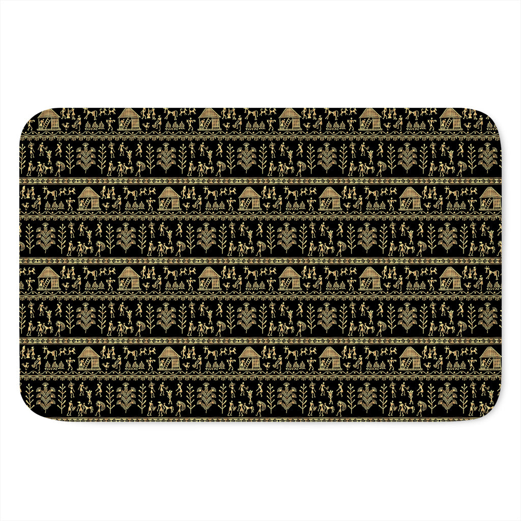 Black And Gold Warli Pattern Print Indoor Door Mat