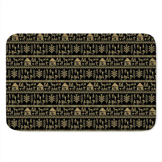 Black And Gold Warli Pattern Print Indoor Door Mat