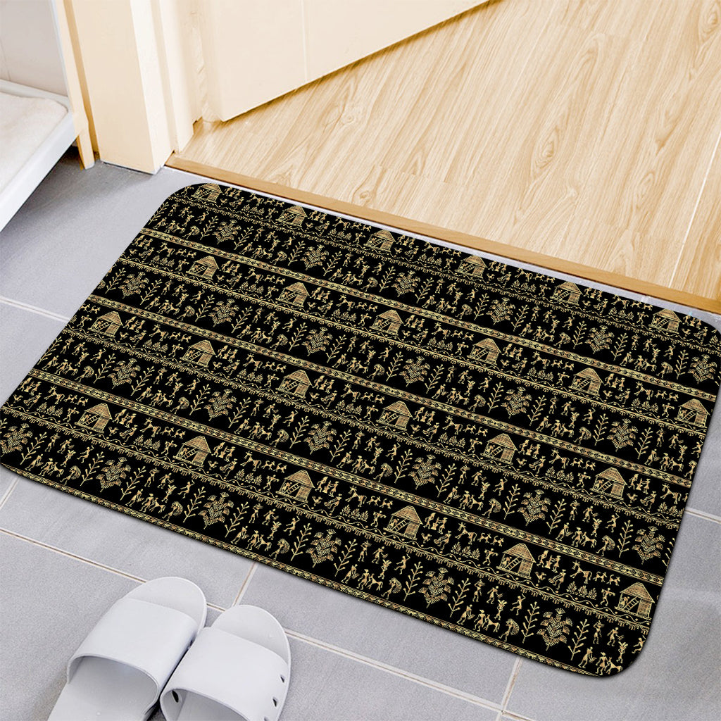 Black And Gold Warli Pattern Print Indoor Door Mat