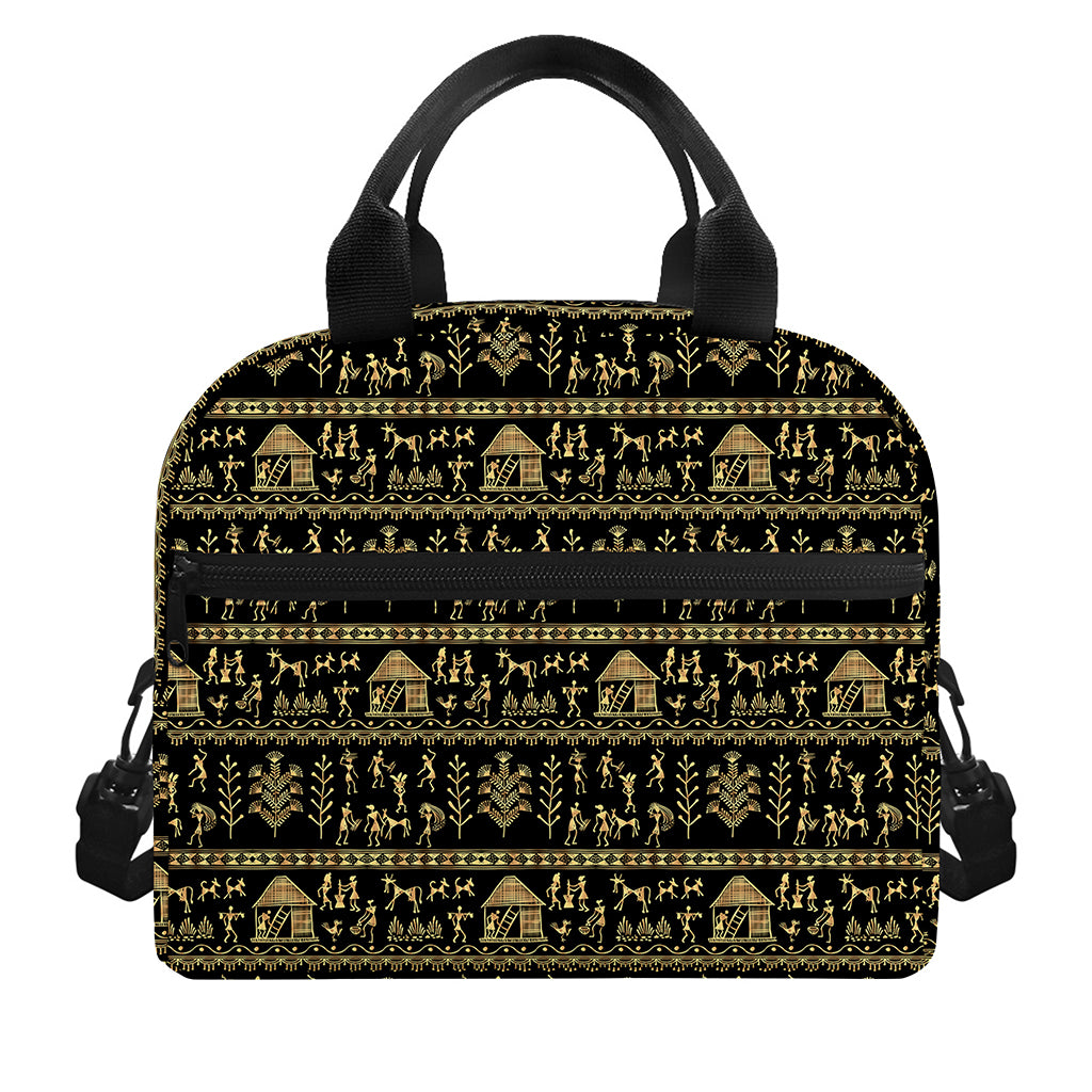 Black And Gold Warli Pattern Print Insulated Lunch Bag