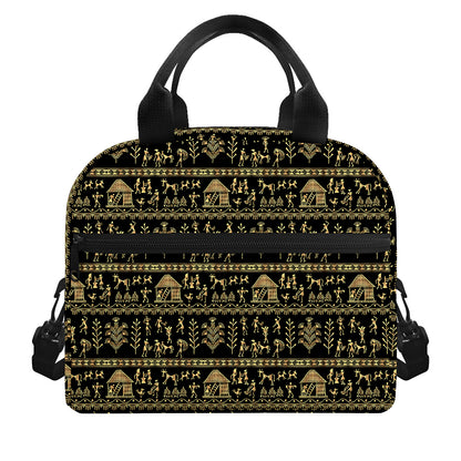 Black And Gold Warli Pattern Print Insulated Lunch Bag