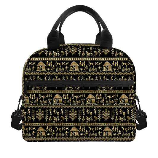 Black And Gold Warli Pattern Print Insulated Lunch Bag