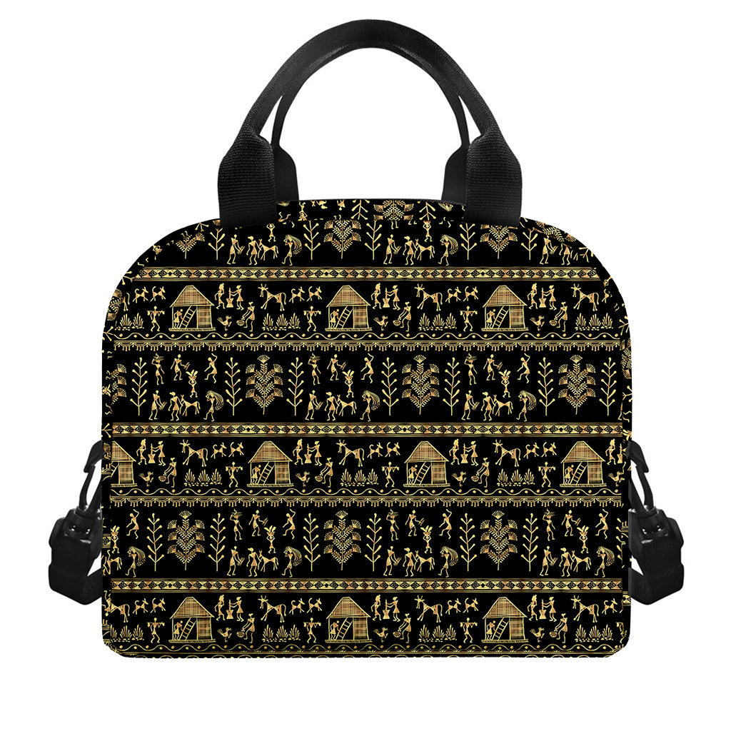 Black And Gold Warli Pattern Print Insulated Lunch Bag