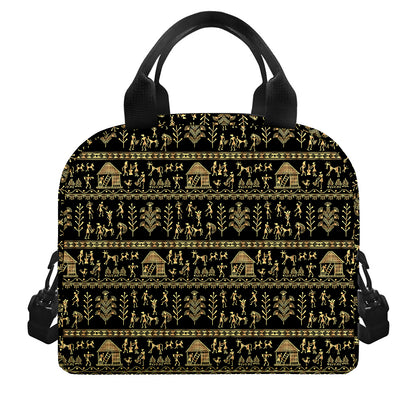 Black And Gold Warli Pattern Print Insulated Lunch Bag
