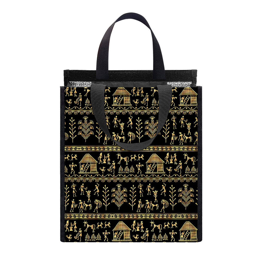 Black And Gold Warli Pattern Print Insulated Lunch Tote