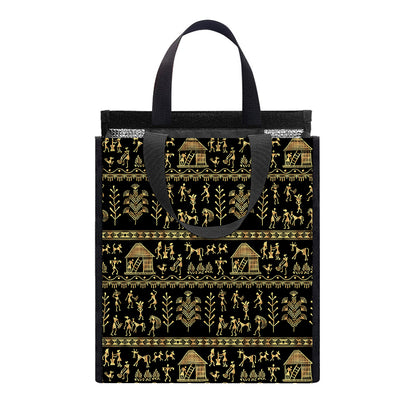 Black And Gold Warli Pattern Print Insulated Lunch Tote