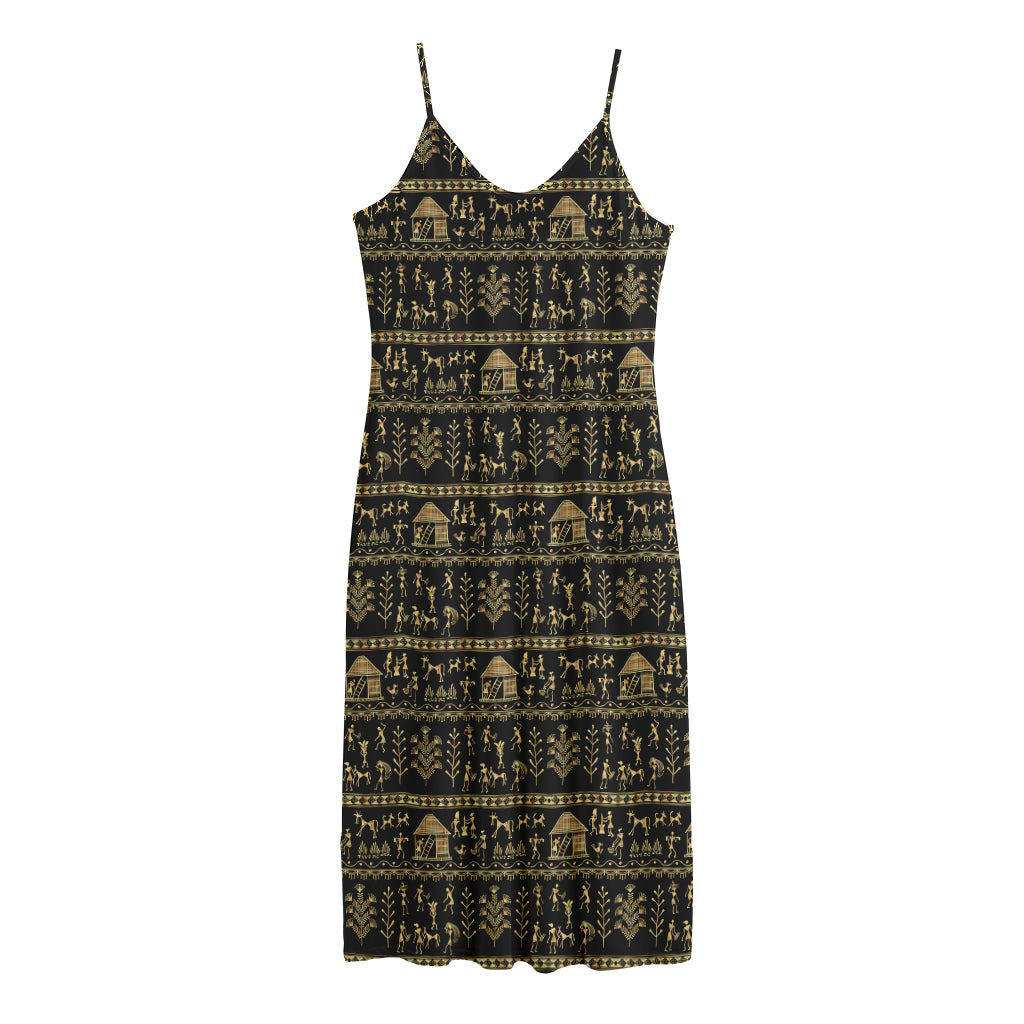 Black And Gold Warli Pattern Print Jersey Midi Cami Dress