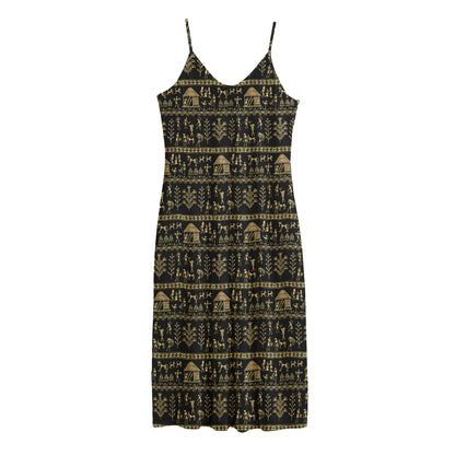 Black And Gold Warli Pattern Print Jersey Midi Cami Dress