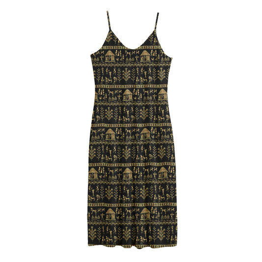 Black And Gold Warli Pattern Print Jersey Midi Cami Dress