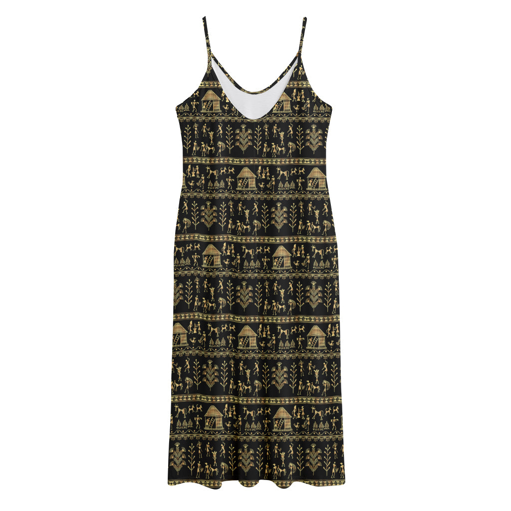Black And Gold Warli Pattern Print Jersey Midi Cami Dress