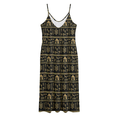 Black And Gold Warli Pattern Print Jersey Midi Cami Dress