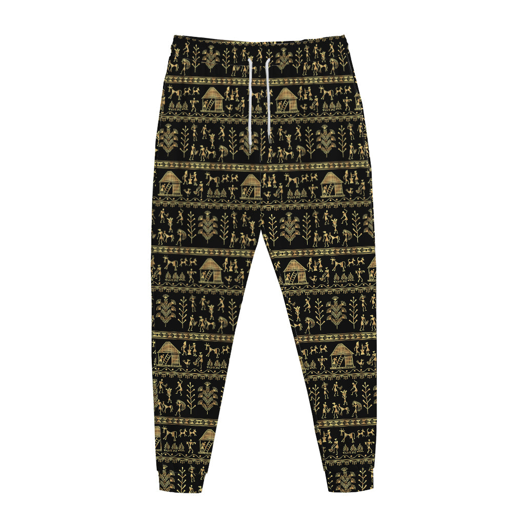Black And Gold Warli Pattern Print Jogger Pants