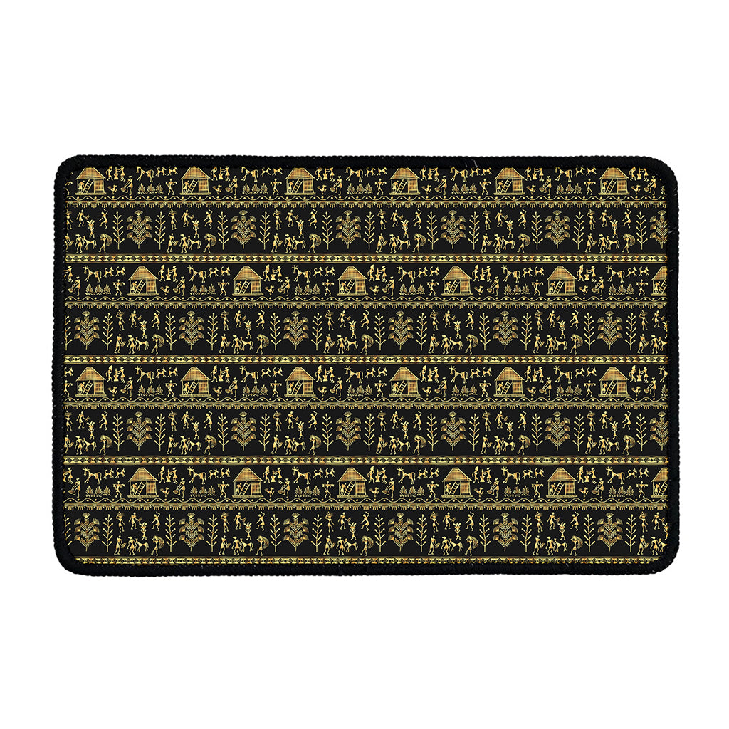 Black And Gold Warli Pattern Print Kitchen Mat