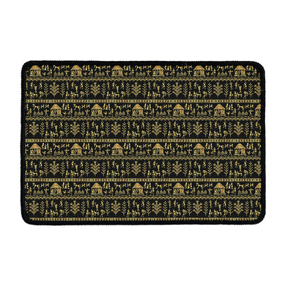 Black And Gold Warli Pattern Print Kitchen Mat