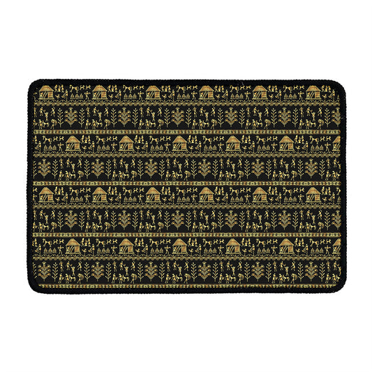 Black And Gold Warli Pattern Print Kitchen Mat