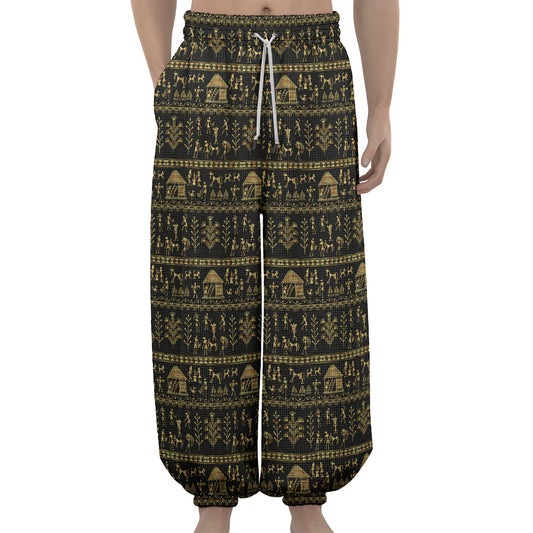 Black And Gold Warli Pattern Print Lantern Pants