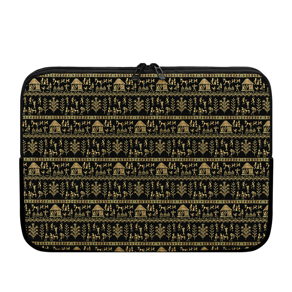 Black And Gold Warli Pattern Print Laptop Sleeve