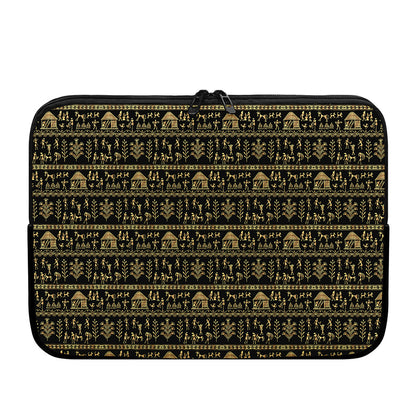 Black And Gold Warli Pattern Print Laptop Sleeve