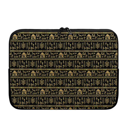 Black And Gold Warli Pattern Print Laptop Sleeve