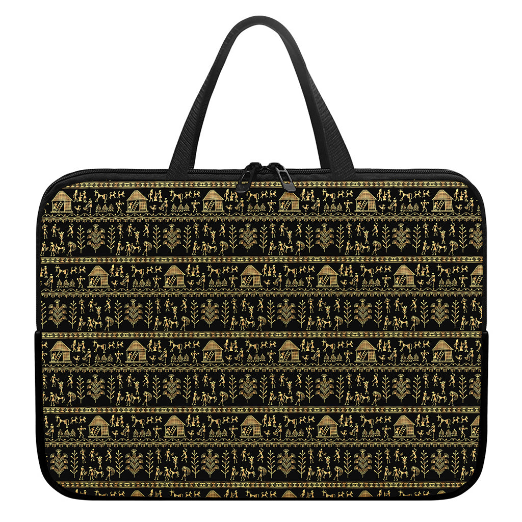 Black And Gold Warli Pattern Print Laptop Sleeve With Handle