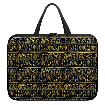 Black And Gold Warli Pattern Print Laptop Sleeve With Handle