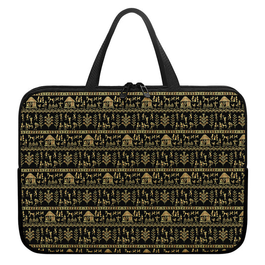 Black And Gold Warli Pattern Print Laptop Sleeve With Handle