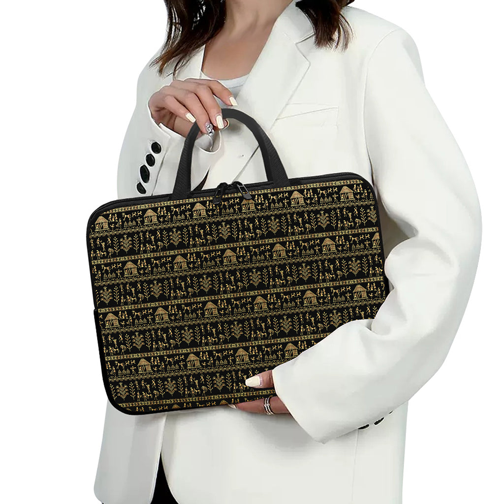 Black And Gold Warli Pattern Print Laptop Sleeve With Handle