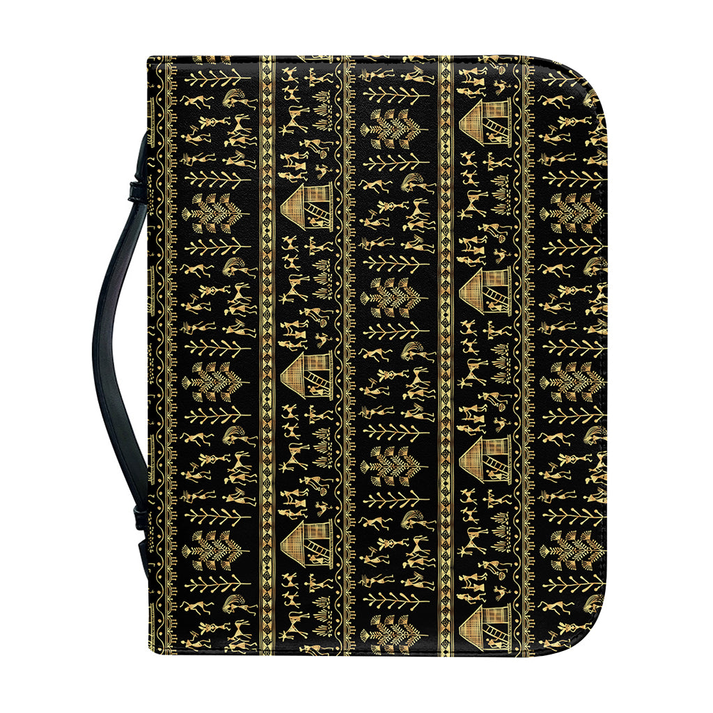 Black And Gold Warli Pattern Print Leather Bible Cover