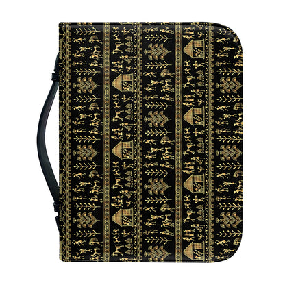Black And Gold Warli Pattern Print Leather Bible Cover