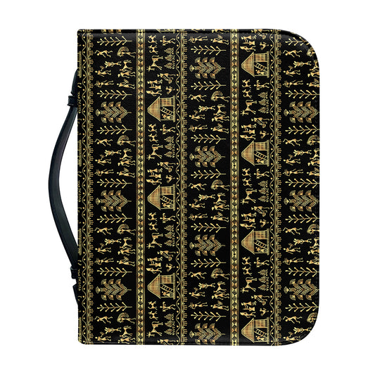 Black And Gold Warli Pattern Print Leather Bible Cover