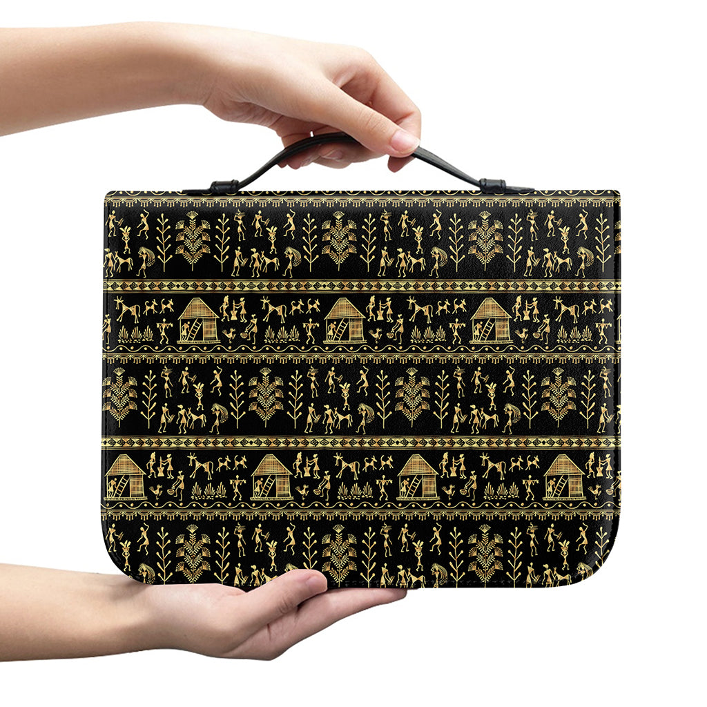 Black And Gold Warli Pattern Print Leather Bible Cover