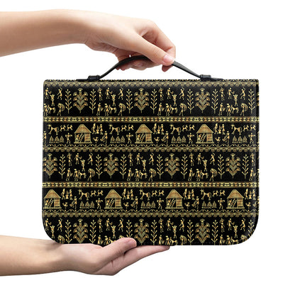 Black And Gold Warli Pattern Print Leather Bible Cover