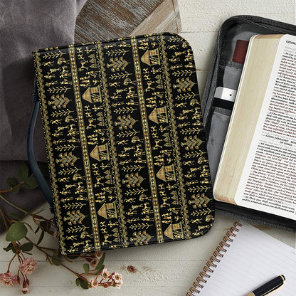 Black And Gold Warli Pattern Print Leather Bible Cover