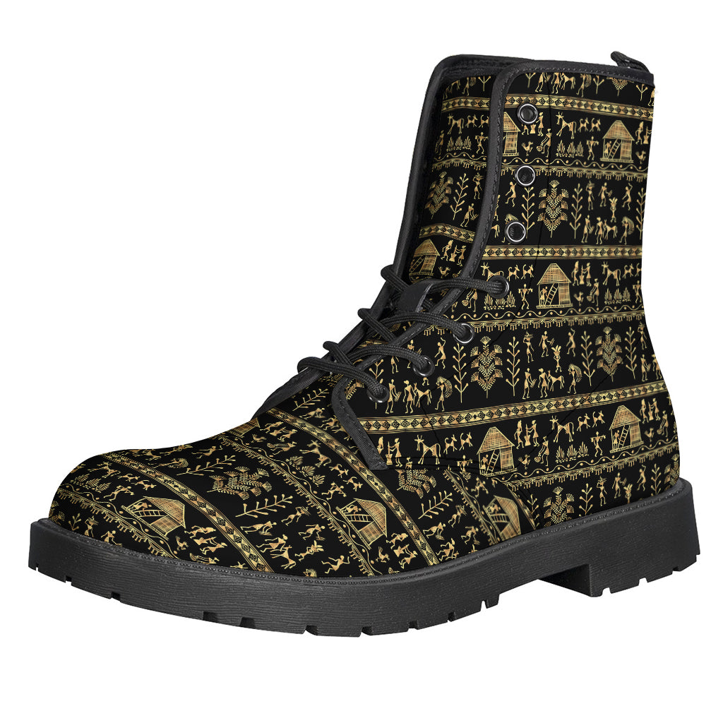 Black And Gold Warli Pattern Print Backpack